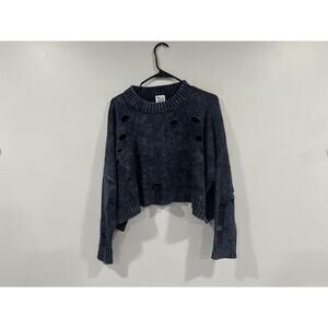 Planet By Lauren G Blue Navy Distressed Crop Sweater One Size